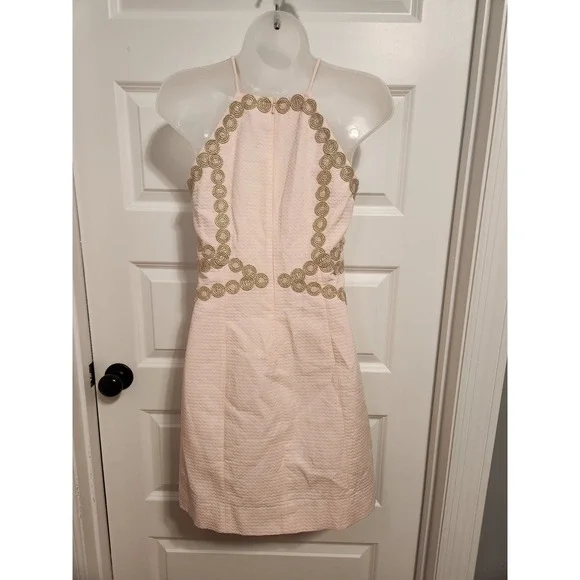 Lilly Pulitzer Pearl Shift Dress Pink Gold Trim Detail Halter Size 00 Mini